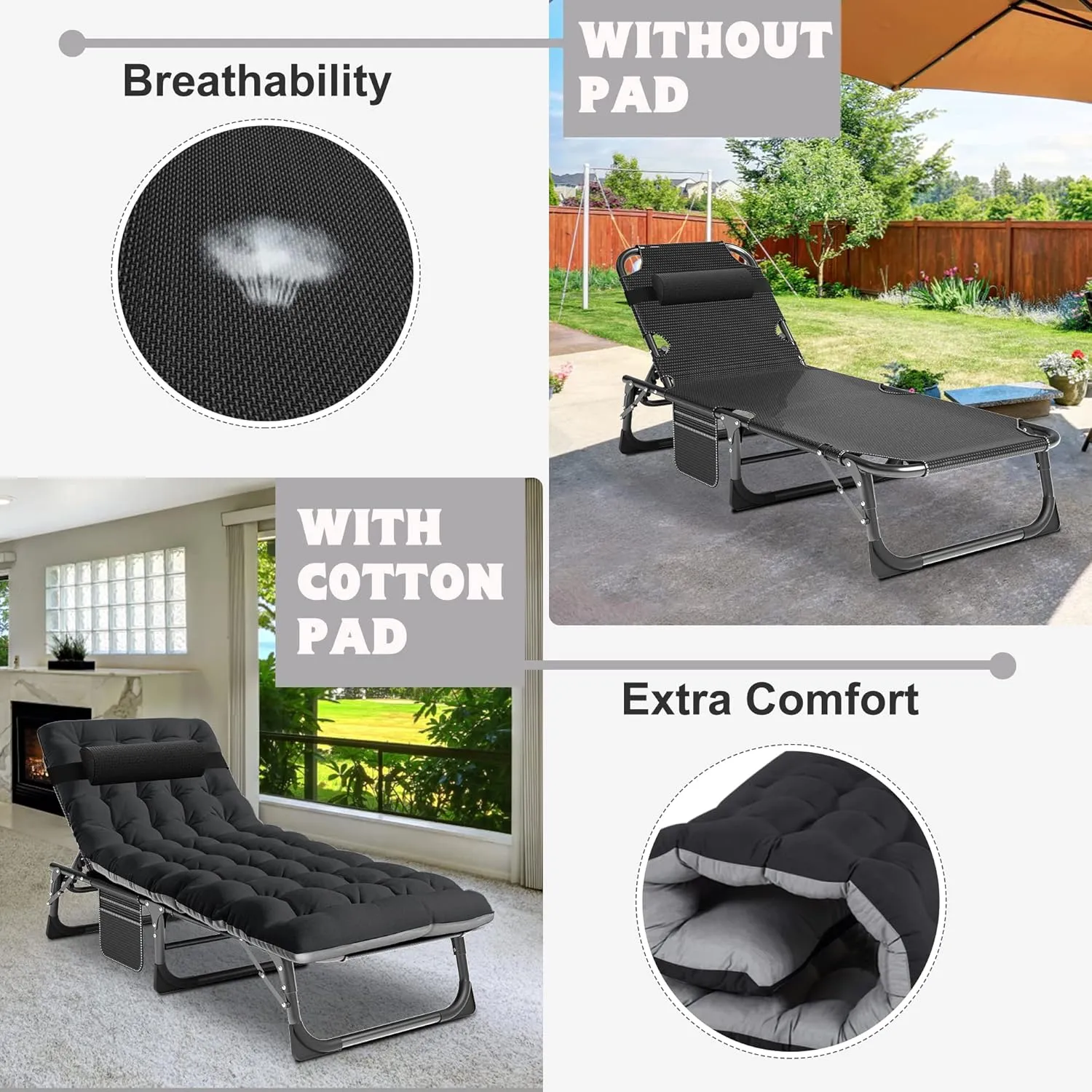 ABORON Heavy Duty Tanning Chair,Outdoor 5-Position Folding Chaise Lounge Chair with Pad,Portable Beach Lounge Chair for Outdoor Sunbathing Patio Pool Lawn Deck Poolside