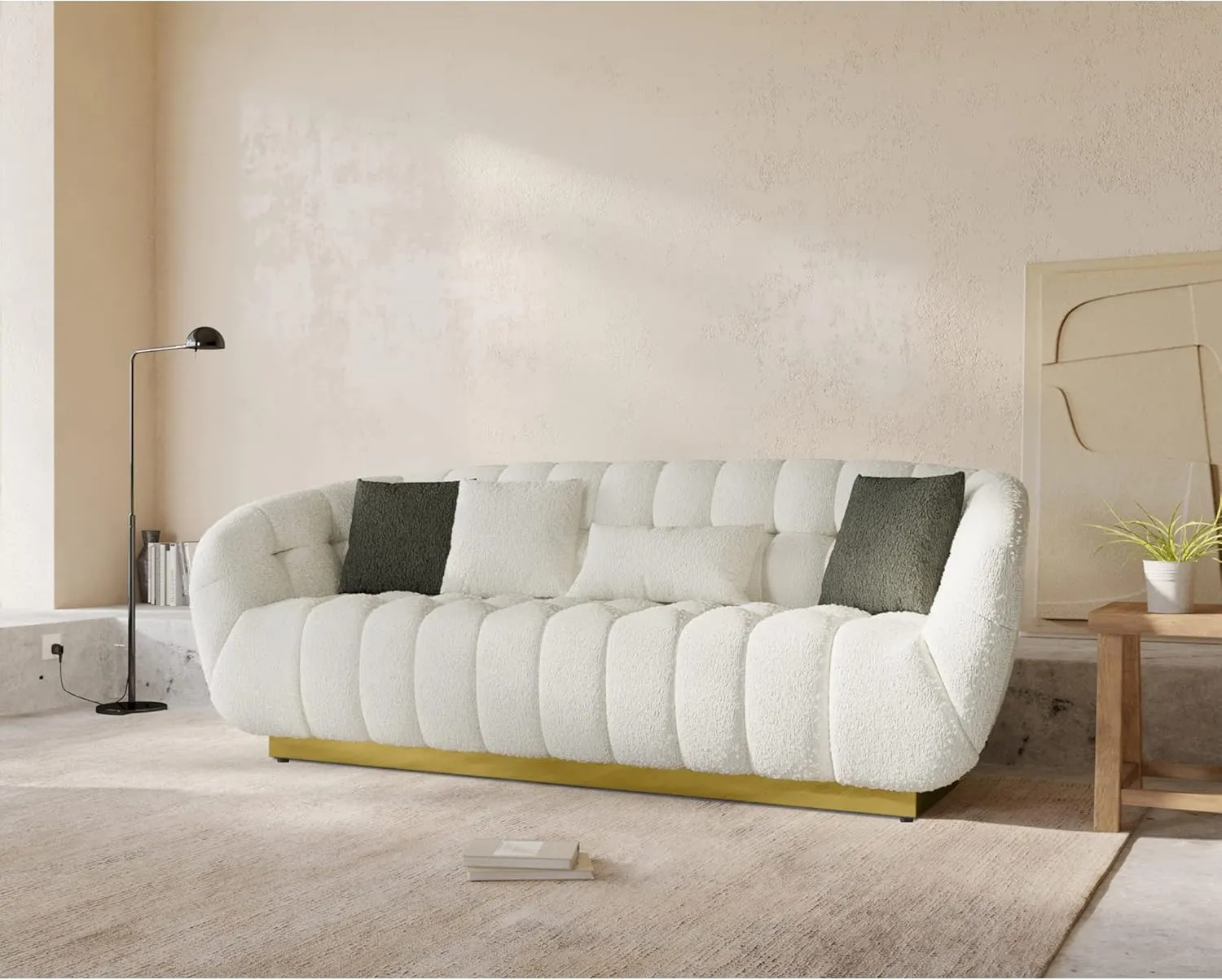 Acanva Wool-Like Living Room Sofa, Modern Mid-Century Style with Seashell Performance & Metal Base, Retro Leisure Accent Barrel Dining Decor, 89”W Couch, White