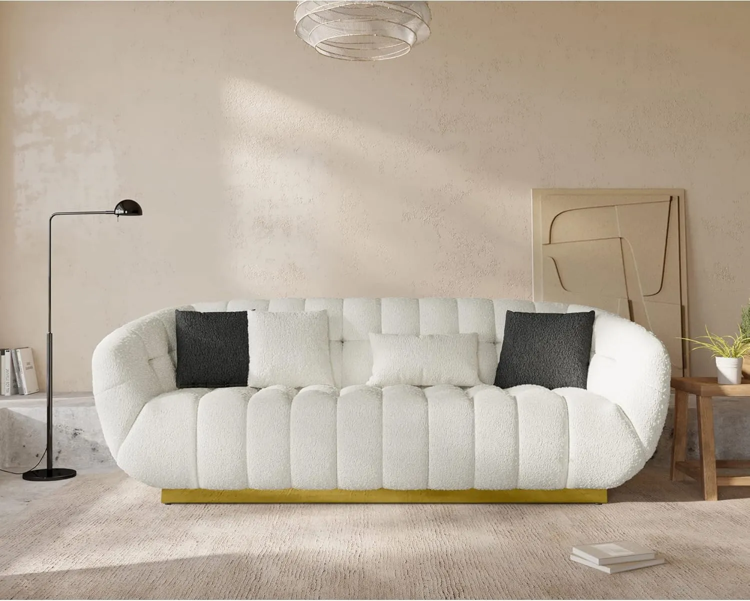 Acanva Wool-Like Living Room Sofa, Modern Mid-Century Style with Seashell Performance & Metal Base, Retro Leisure Accent Barrel Dining Decor, 89”W Couch, White