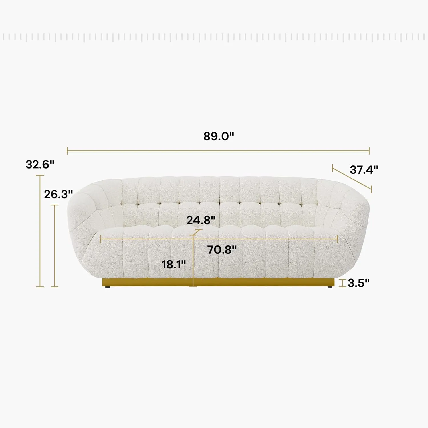 Acanva Wool-Like Living Room Sofa, Modern Mid-Century Style with Seashell Performance & Metal Base, Retro Leisure Accent Barrel Dining Decor, 89”W Couch, White