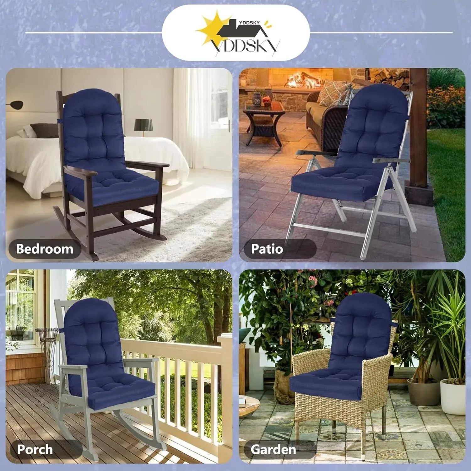 Adirondack Chair Cushion, Rocking Cushions 44x19.4x4 inch, High Back Patio Recliner Cushion of Upper and Lower with Ties, Sunscreen and Fade-Resistant Navy,1