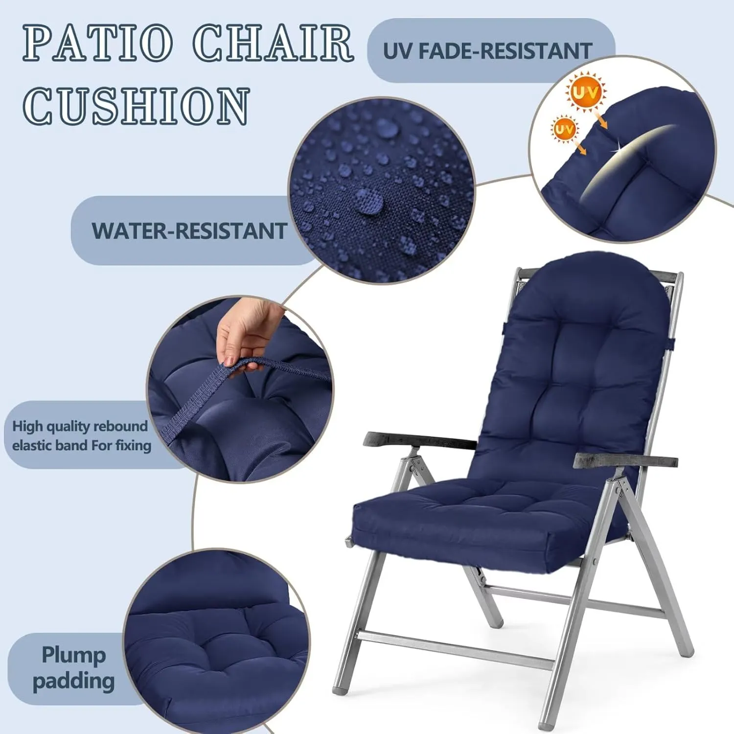 Adirondack Chair Cushion, Rocking Cushions 44x19.4x4 inch, High Back Patio Recliner Cushion of Upper and Lower with Ties, Sunscreen and Fade-Resistant Navy,1