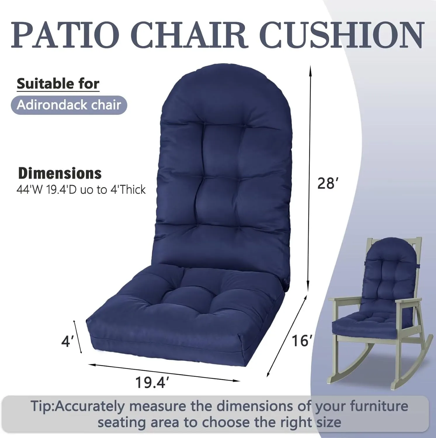 Adirondack Chair Cushion, Rocking Cushions 44x19.4x4 inch, High Back Patio Recliner Cushion of Upper and Lower with Ties, Sunscreen and Fade-Resistant Navy,1