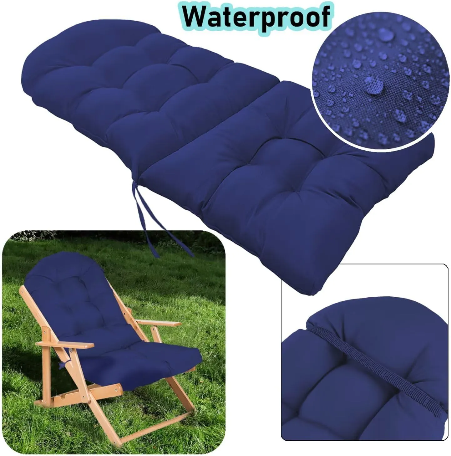 Adirondack Chair Cushion, Rocking Cushions 44x19.4x4 inch, High Back Patio Recliner Cushion of Upper and Lower with Ties, Sunscreen and Fade-Resistant Navy,1
