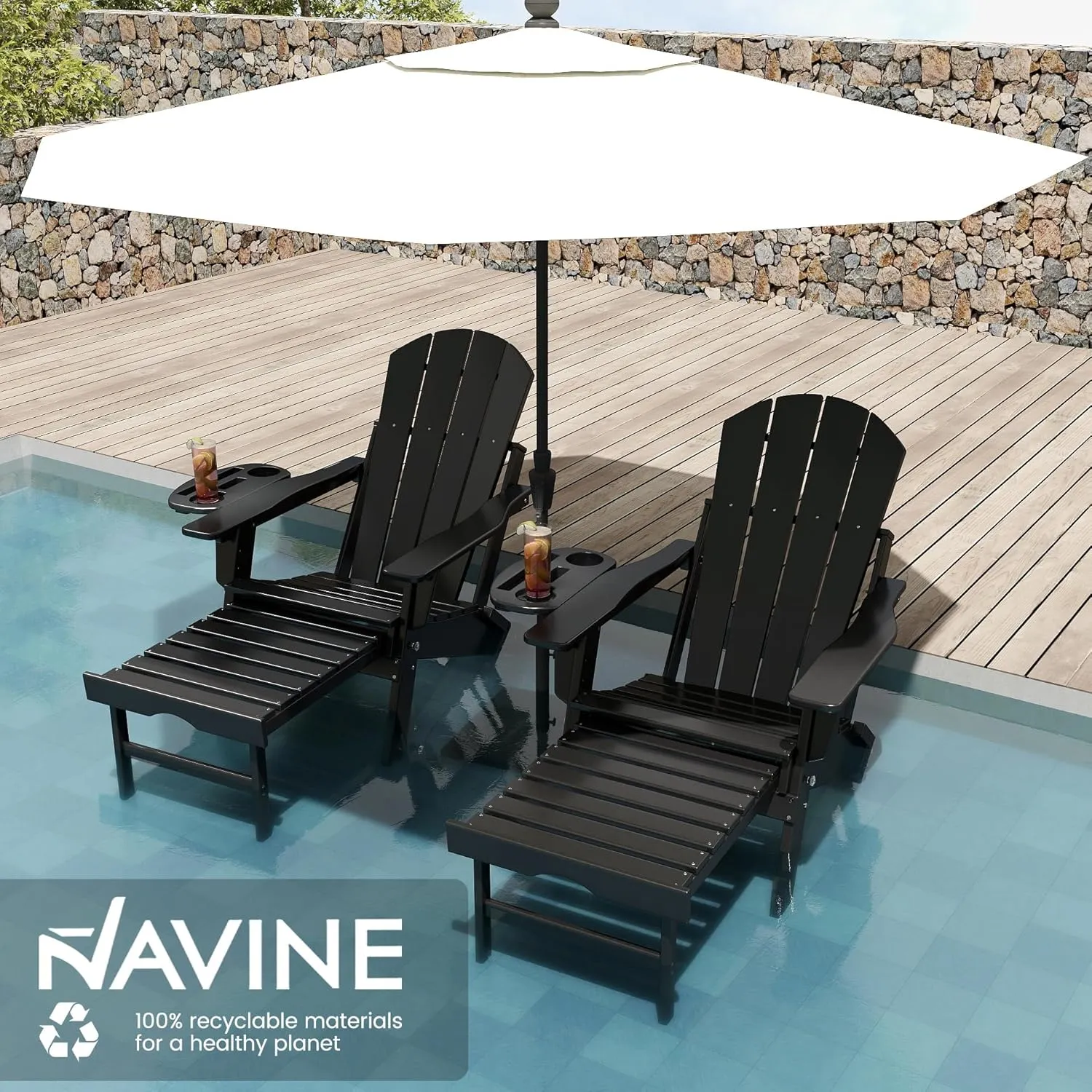Adjustable Adirondack Chair with Retractable Ottoman Set of 2, HDPE Folding Adirondack Chair with Cup Holder, All Weather Fire Pit Chair for Outdoor.