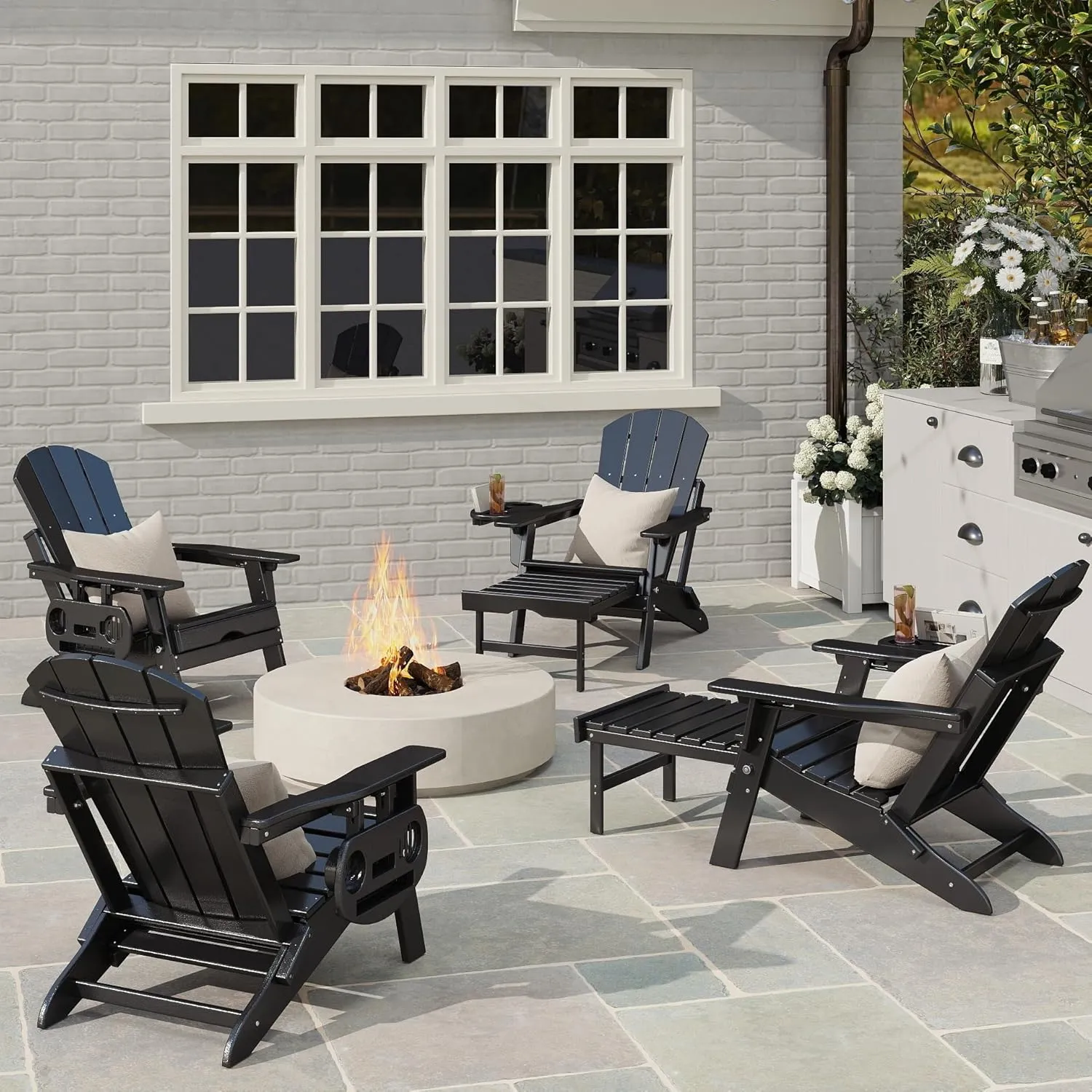 Adjustable Adirondack Chair with Retractable Ottoman Set of 2, HDPE Folding Adirondack Chair with Cup Holder, All Weather Fire Pit Chair for Outdoor.