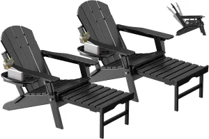 Adjustable Adirondack Chair with Retractable Ottoman Set of 2, HDPE Folding Adirondack Chair with Cup Holder, All Weather Fire Pit Chair for Outdoor.