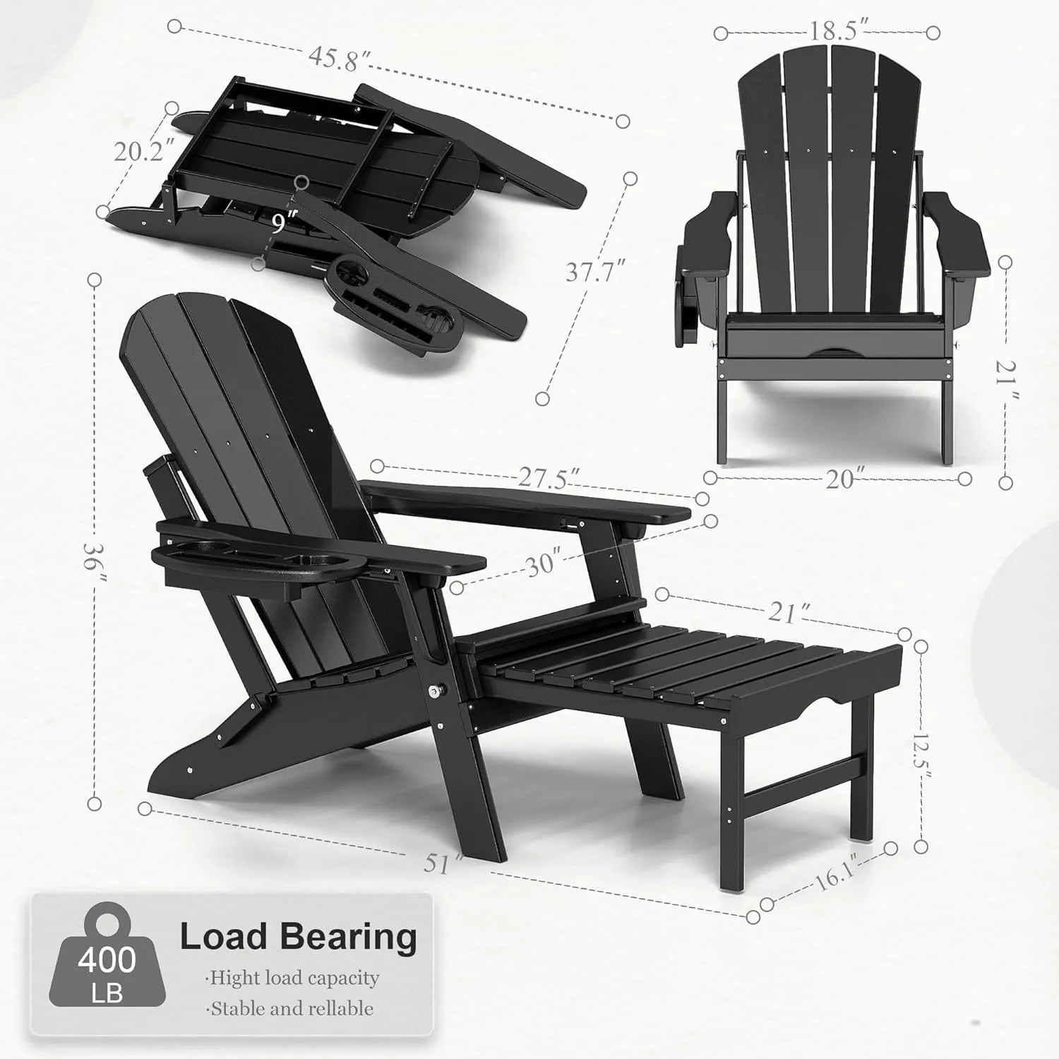 Adjustable Adirondack Chair with Retractable Ottoman Set of 2, HDPE Folding Adirondack Chair with Cup Holder, All Weather Fire Pit Chair for Outdoor.