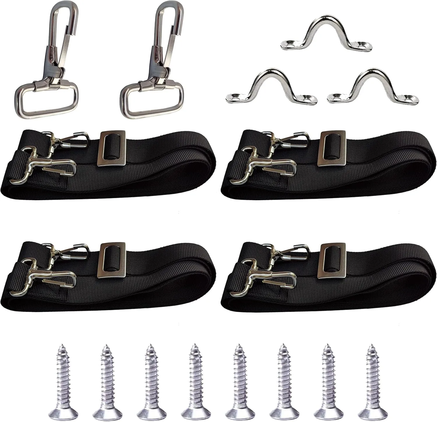 Adjustable Bimini Top Straps Black 4 Pcs, Boat Marine Tension Tie Down Webbing Straps with Double Side Hooks   Pad Eye Stainless Steel Boat Awning Hardware Accessories