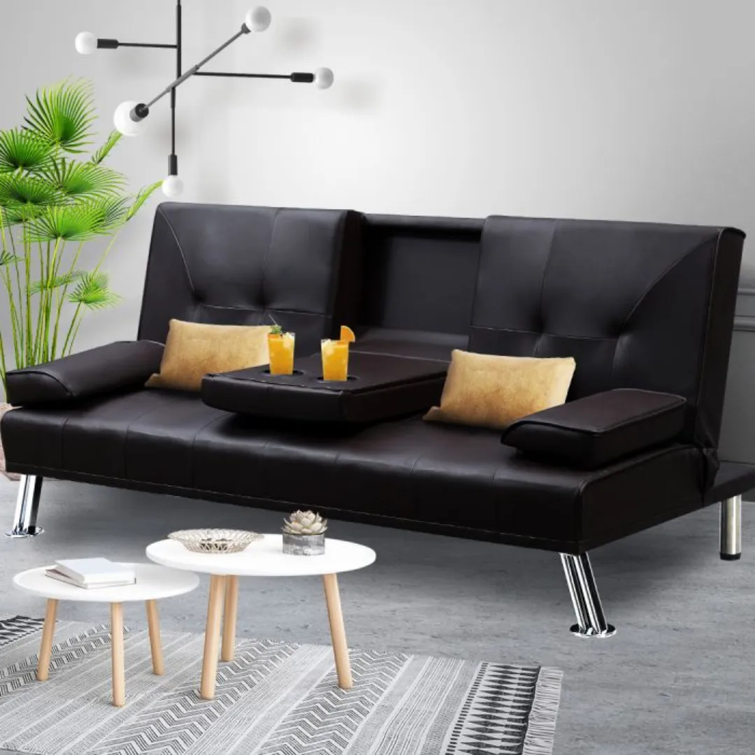 Adjustable Leather Sofa Bed with 3 Seater Cup Holder