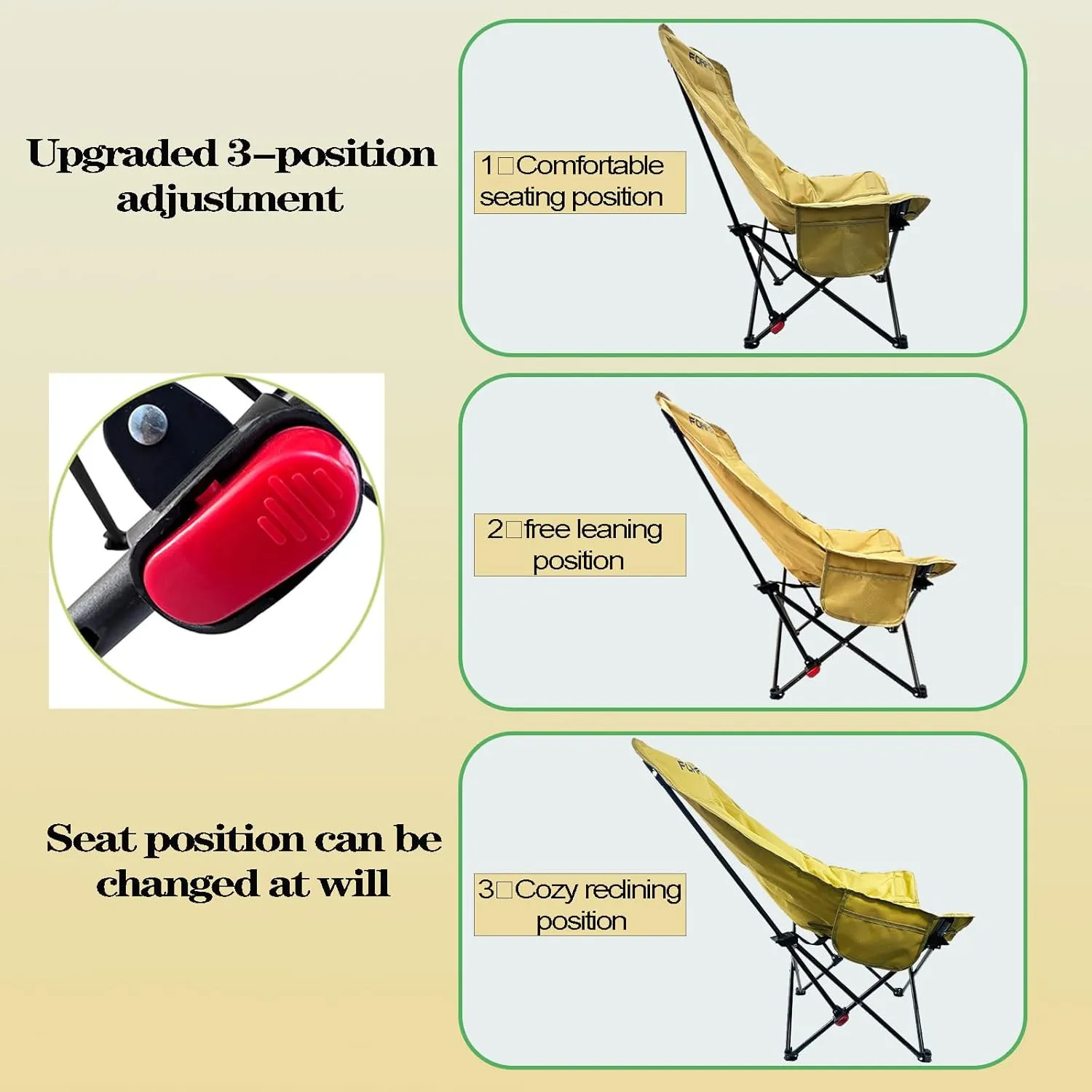 Adjustable Portable Folding Camping Chair with High Back, Side Pockets, Headrest, Lightweight Lawn Chair for Outdoor Camping, Beach, Leisure and Adults (Khaki Cotton Thickened)