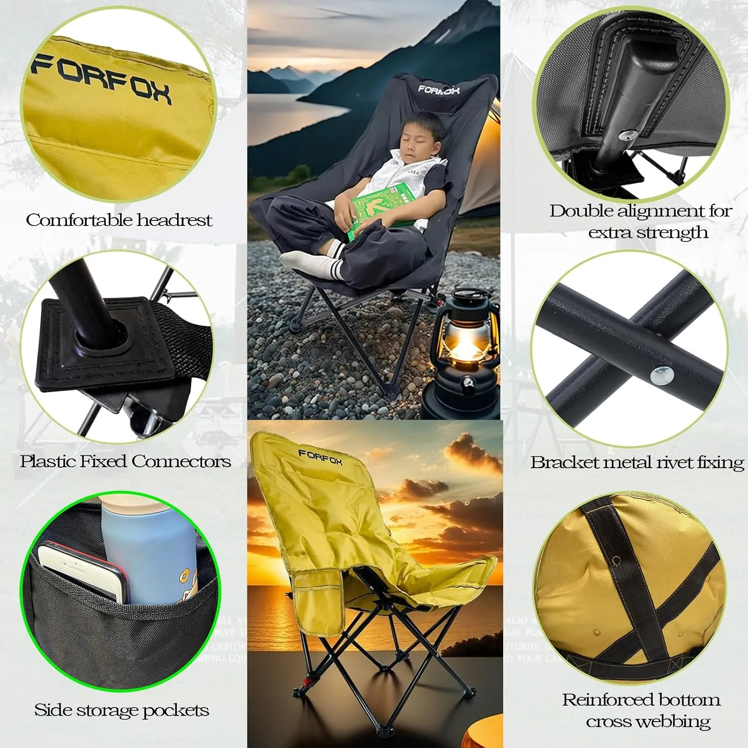 Adjustable Portable Folding Camping Chair with High Back, Side Pockets, Headrest, Lightweight Lawn Chair for Outdoor Camping, Beach, Leisure and Adults (Khaki Cotton Thickened)