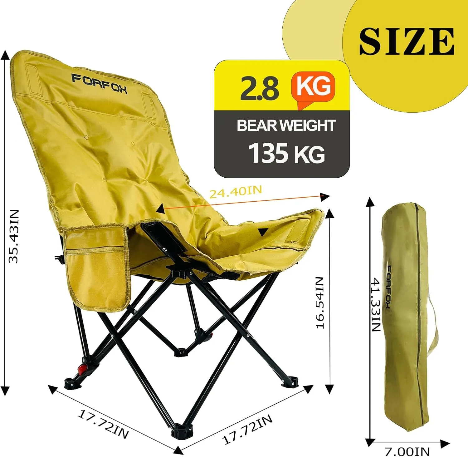 Adjustable Portable Folding Camping Chair with High Back, Side Pockets, Headrest, Lightweight Lawn Chair for Outdoor Camping, Beach, Leisure and Adults (Khaki Cotton Thickened)