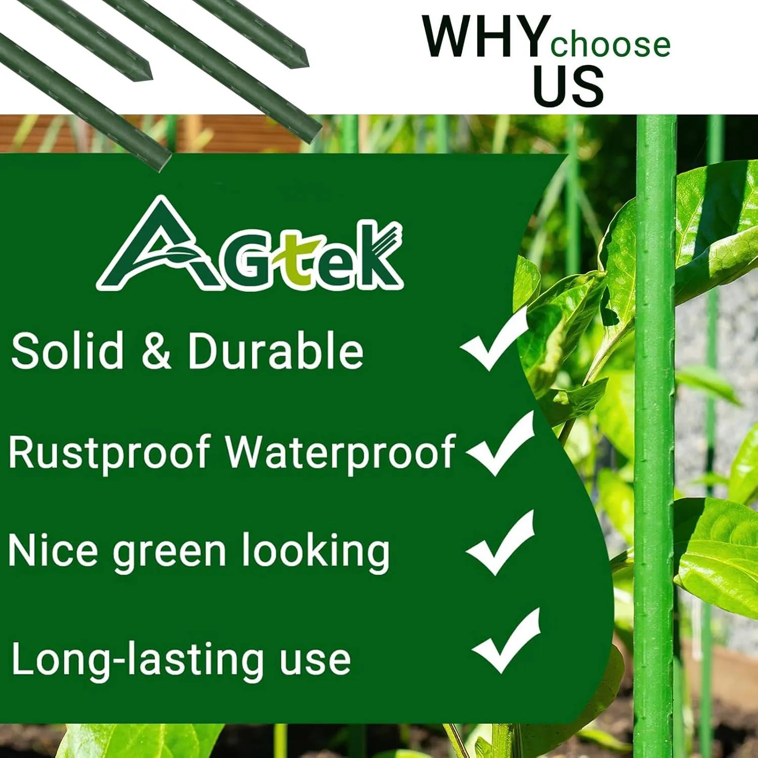 AGTEK 57.6" Garden Stakes, 50PCS Plastic Coated Plant Stakes, 4.8ft Plant Support for Climbing Plants