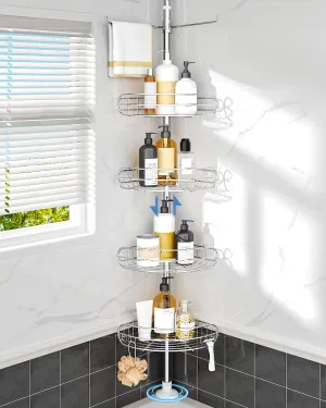 ALLZONE Corner Shower Caddy Tension Pole, 4-Tier Adjustable Shelves, Rustproof Bathroom Shower Organizer Corner for Inside Shower Storage, Tension Mounted, 56 to 113 Inch Height, Sliver