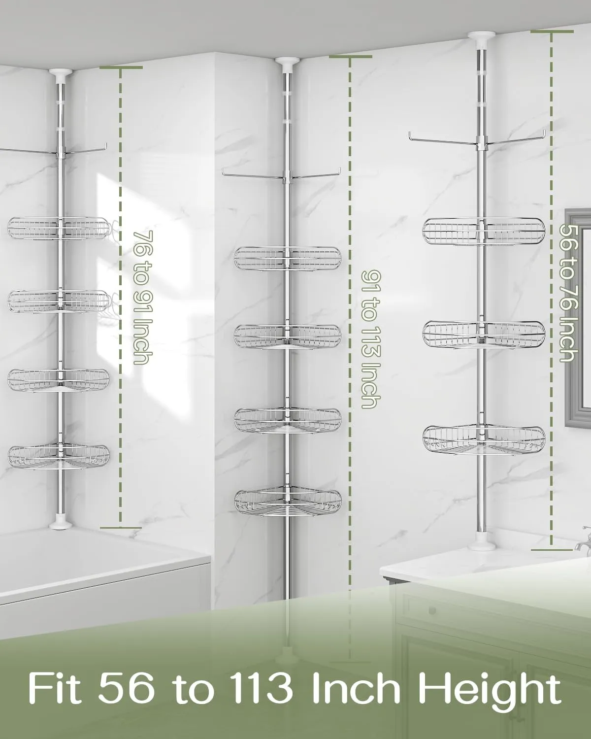 ALLZONE Corner Shower Caddy Tension Pole, 4-Tier Adjustable Shelves, Rustproof Bathroom Shower Organizer Corner for Inside Shower Storage, Tension Mounted, 56 to 113 Inch Height, Sliver