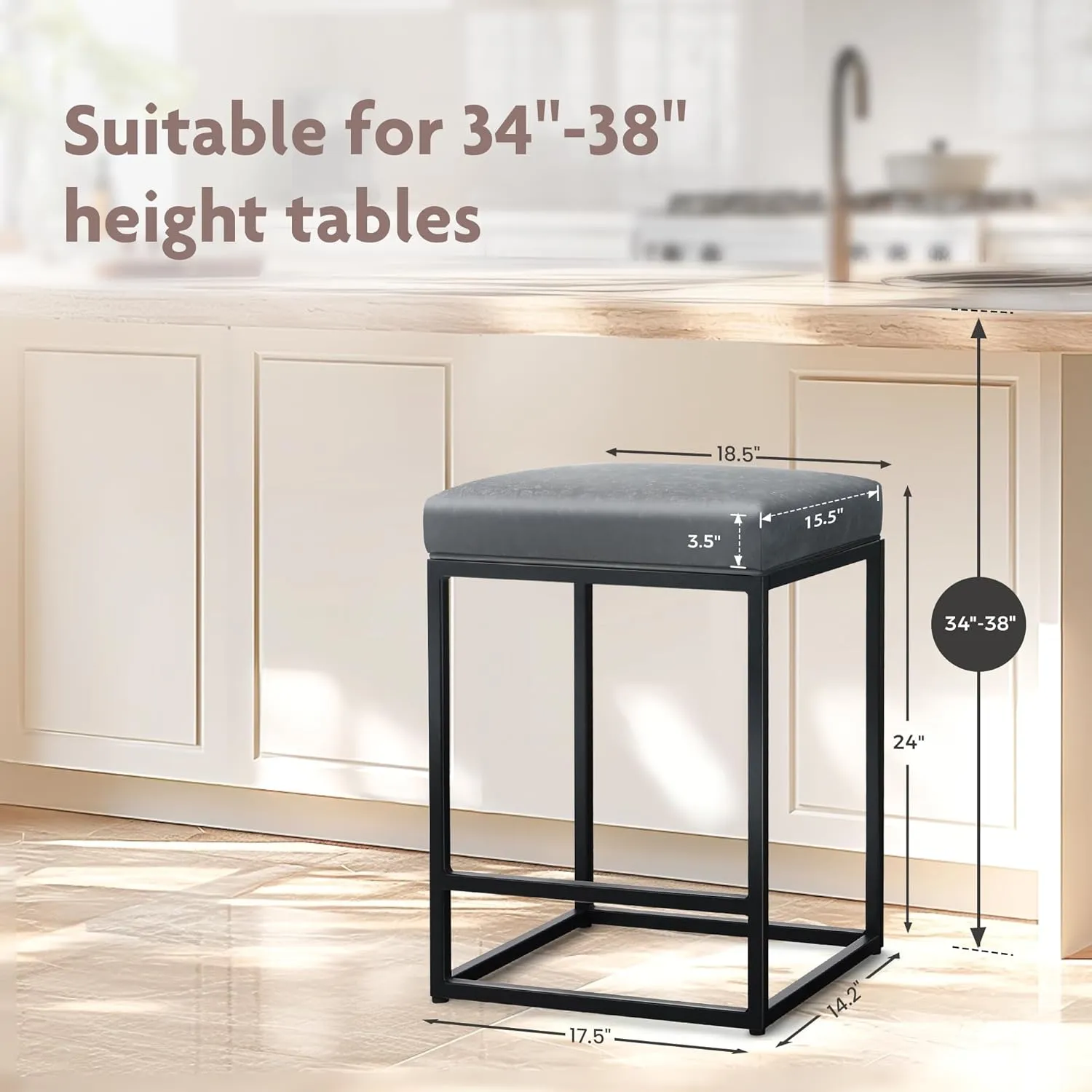 ALPHA HOME 24 Inch Counter Height Bar Stools Set of 2, Upholstered Bar Stools for Kitchen Island, Counter Stools with Faux Leather Cushion and Sturdy Metal Frame, Modern Barstools, Grey