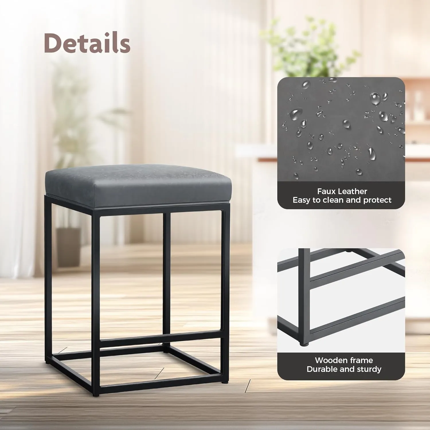 ALPHA HOME 24 Inch Counter Height Bar Stools Set of 2, Upholstered Bar Stools for Kitchen Island, Counter Stools with Faux Leather Cushion and Sturdy Metal Frame, Modern Barstools, Grey
