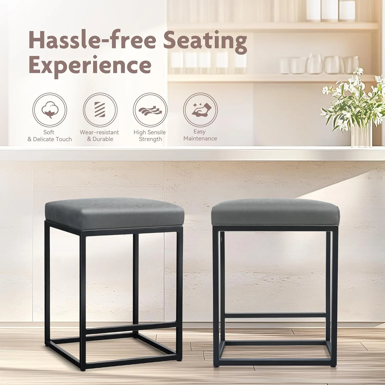 ALPHA HOME 24 Inch Counter Height Bar Stools Set of 2, Upholstered Bar Stools for Kitchen Island, Counter Stools with Faux Leather Cushion and Sturdy Metal Frame, Modern Barstools, Grey