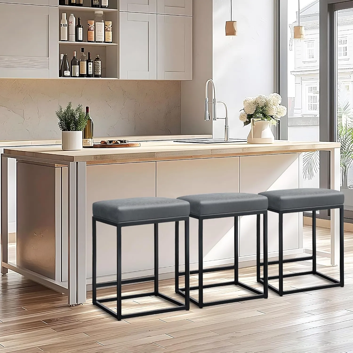 ALPHA HOME 24 Inch Counter Height Bar Stools Set of 2, Upholstered Bar Stools for Kitchen Island, Counter Stools with Faux Leather Cushion and Sturdy Metal Frame, Modern Barstools, Grey