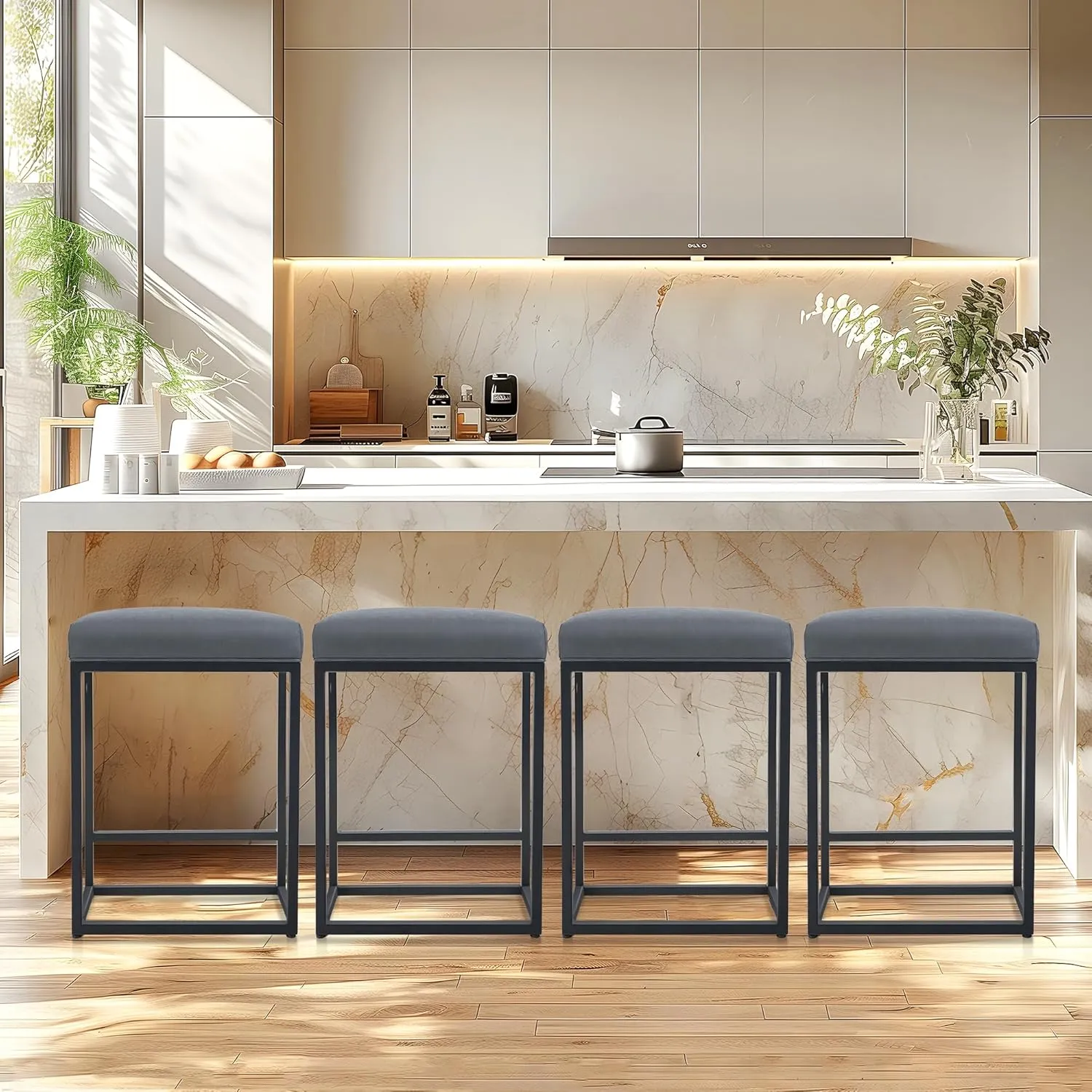 ALPHA HOME 24 Inch Counter Height Bar Stools Set of 2, Upholstered Bar Stools for Kitchen Island, Counter Stools with Faux Leather Cushion and Sturdy Metal Frame, Modern Barstools, Grey
