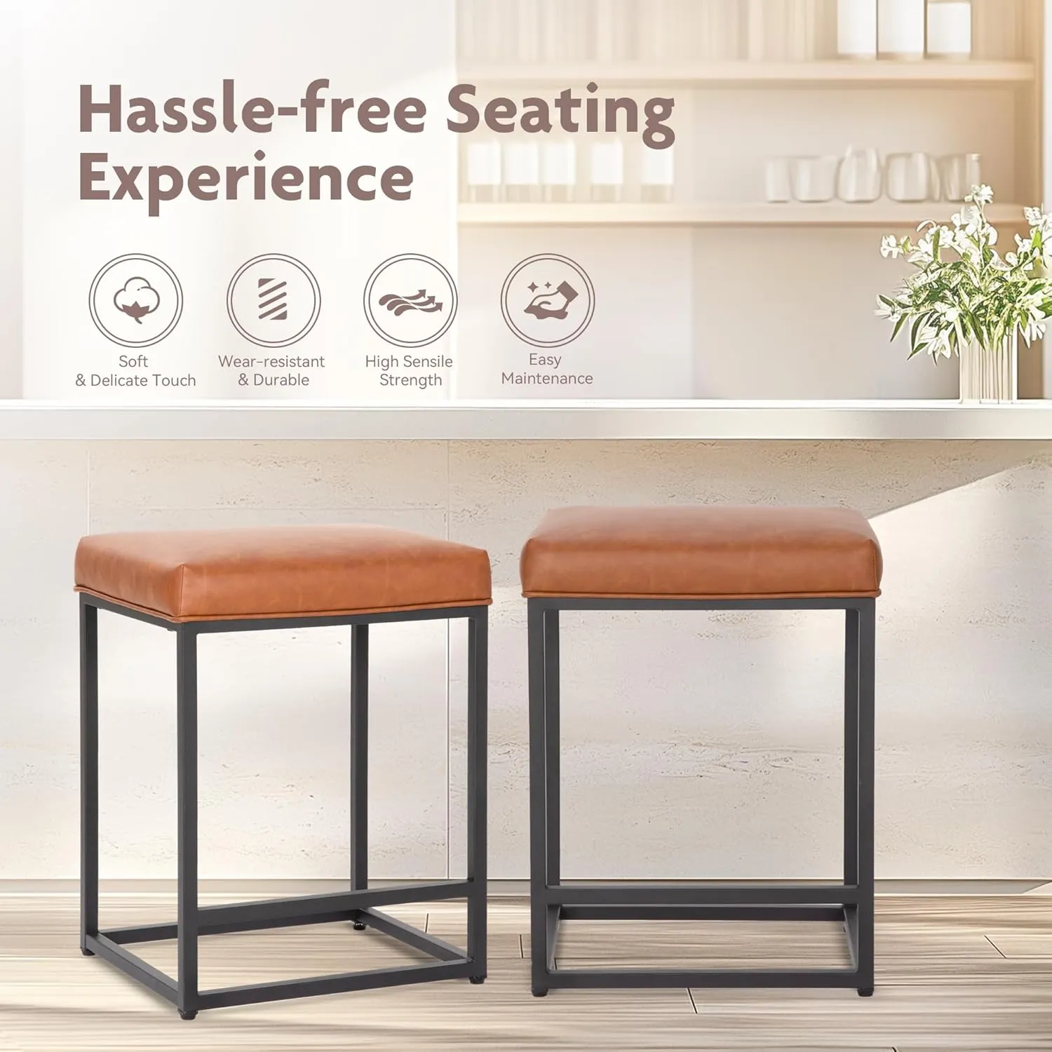 ALPHA HOME 24 Inch Counter Height Bar Stools, Upholstered Bar Stools for Kitchen Island, Counter Stools with Faux Leather Cushion and Sturdy Metal Frame, Modern Barstools, Caramel
