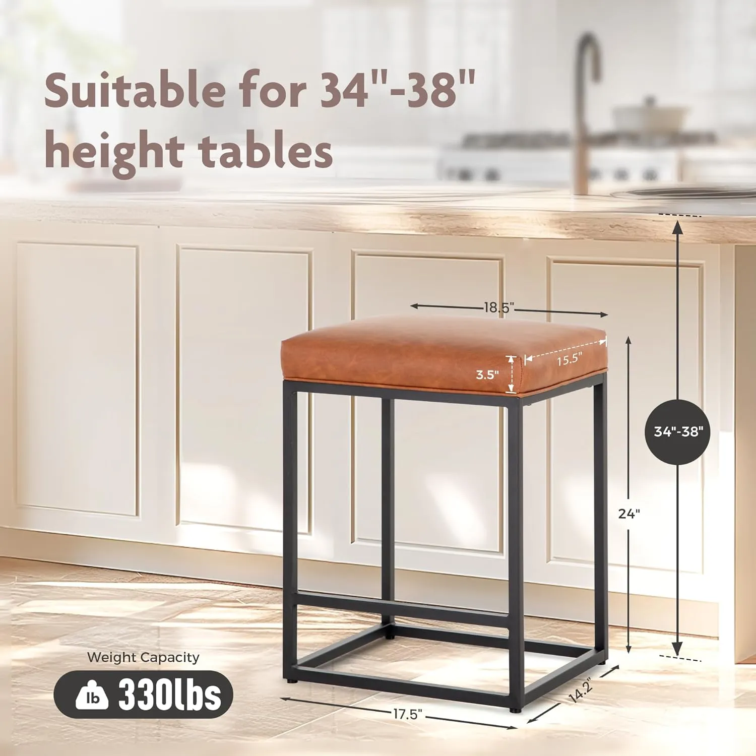 ALPHA HOME 24 Inch Counter Height Bar Stools, Upholstered Bar Stools for Kitchen Island, Counter Stools with Faux Leather Cushion and Sturdy Metal Frame, Modern Barstools, Caramel