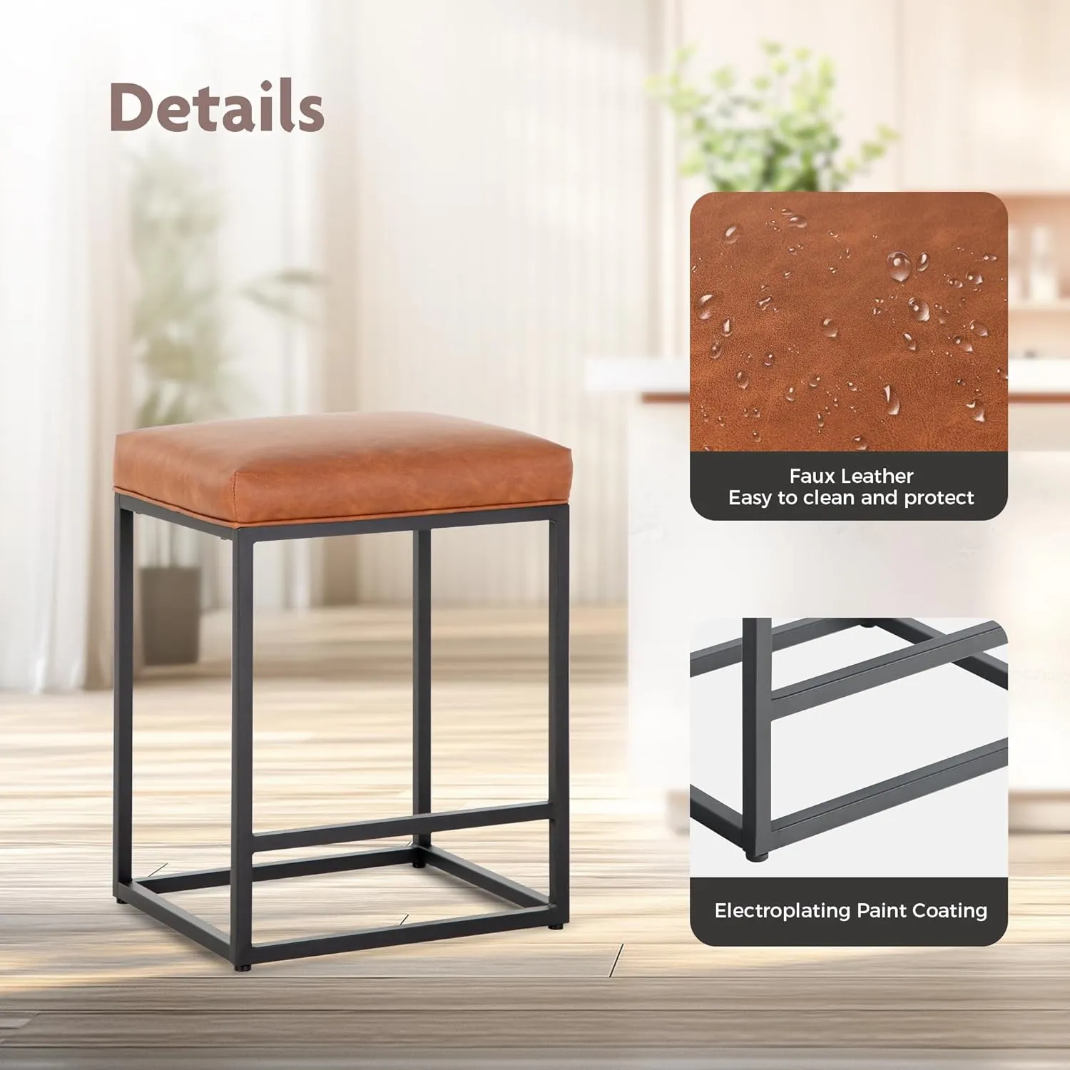 ALPHA HOME 24 Inch Counter Height Bar Stools, Upholstered Bar Stools for Kitchen Island, Counter Stools with Faux Leather Cushion and Sturdy Metal Frame, Modern Barstools, Caramel