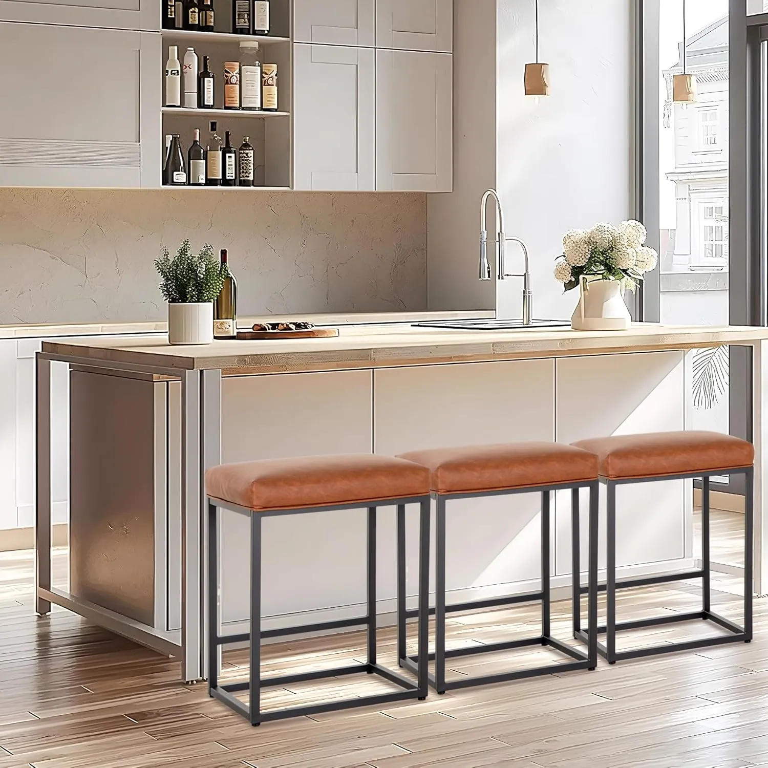 ALPHA HOME 24 Inch Counter Height Bar Stools, Upholstered Bar Stools for Kitchen Island, Counter Stools with Faux Leather Cushion and Sturdy Metal Frame, Modern Barstools, Caramel