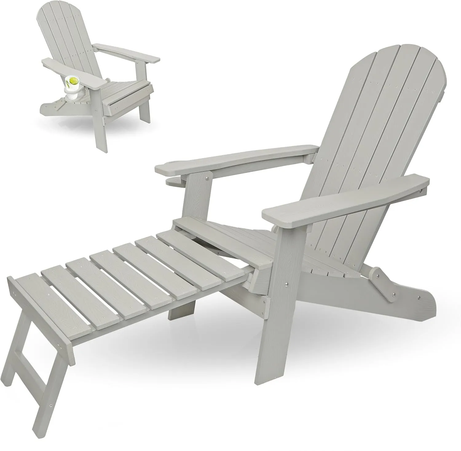 Alpine Corporation MFW104LGR Folding Adirondack Chair w/Cup Holder & Ottoman, Seating for Garden, Deck & Patio, 38" H, Gray