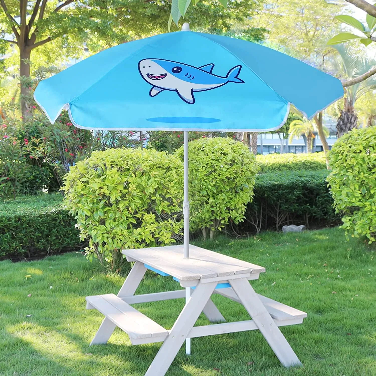 AMMSUN 5ft Seaside Umbrella for Sand Box Water Table - Kids Durable Umbrellas for children Picnic Beach Camping Garden Outdoor Play Shade (5ft Light Blue Shark)