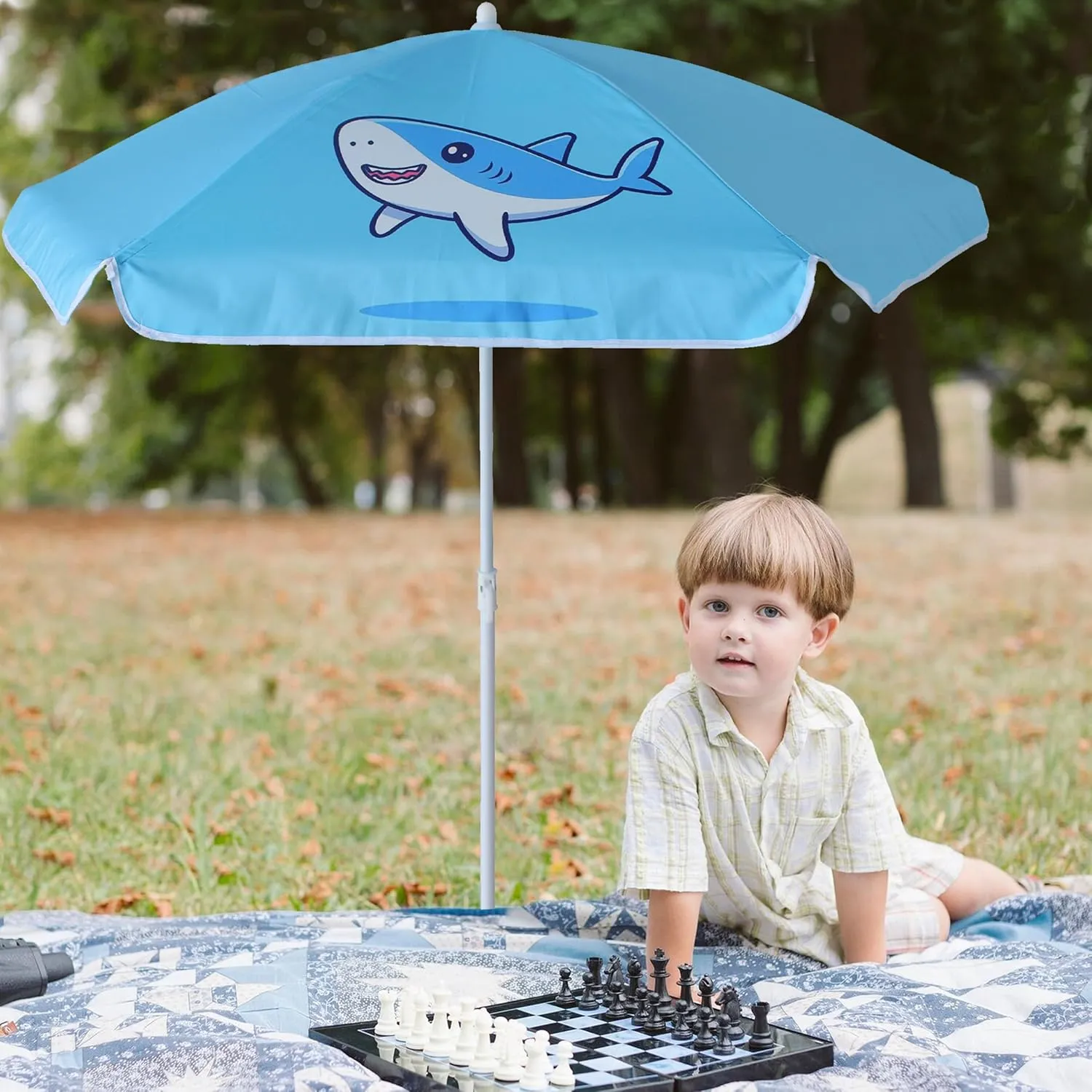 AMMSUN 5ft Seaside Umbrella for Sand Box Water Table - Kids Durable Umbrellas for children Picnic Beach Camping Garden Outdoor Play Shade (5ft Light Blue Shark)