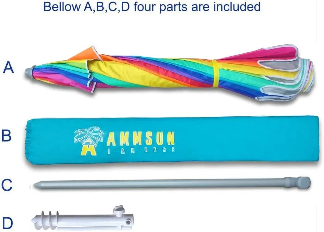 AMMSUN 7.5ft Large Heavy Duty HIGH Wind Beach Umbrella with sand anchor & Tilt Sun Shelter, UPF 50  Protection Outdoor Umbrellas Sunshade with Carry Bag for Patio Garden Pool Backyard Rainbow