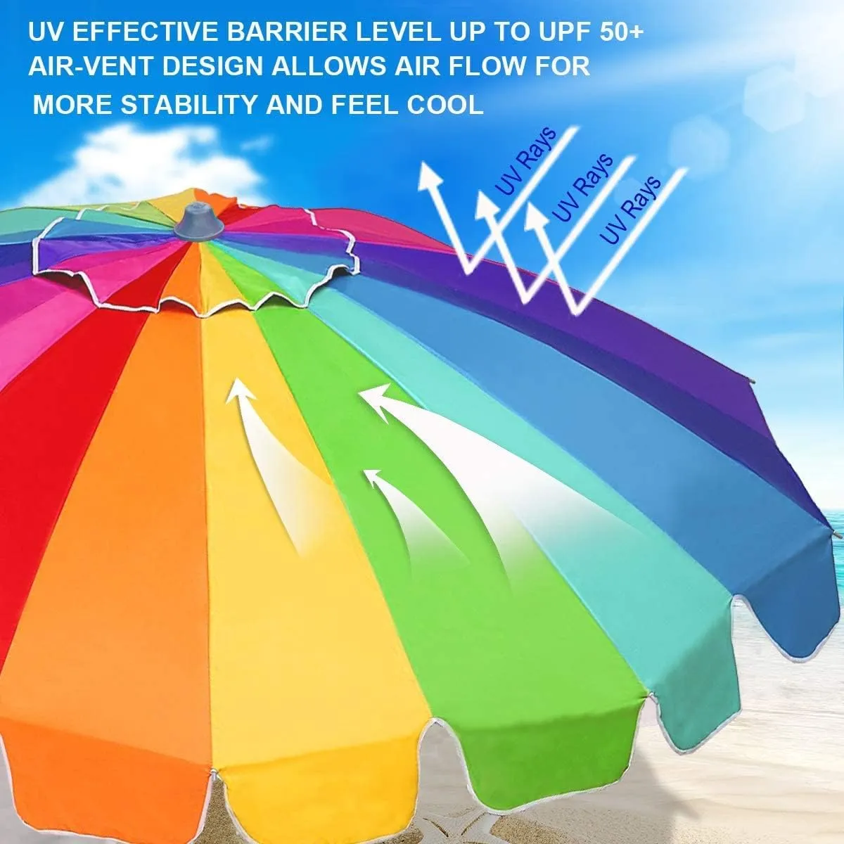 AMMSUN 7.5ft Large Heavy Duty HIGH Wind Beach Umbrella with sand anchor & Tilt Sun Shelter, UPF 50  Protection Outdoor Umbrellas Sunshade with Carry Bag for Patio Garden Pool Backyard Rainbow