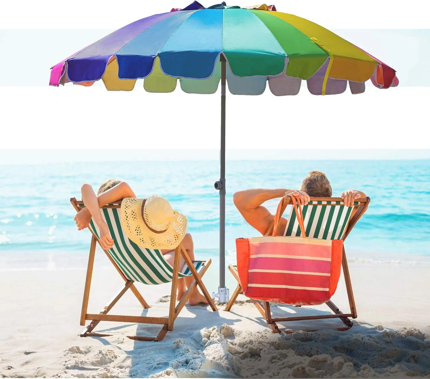 AMMSUN 7.5ft Large Heavy Duty HIGH Wind Beach Umbrella with sand anchor & Tilt Sun Shelter, UPF 50  Protection Outdoor Umbrellas Sunshade with Carry Bag for Patio Garden Pool Backyard Rainbow