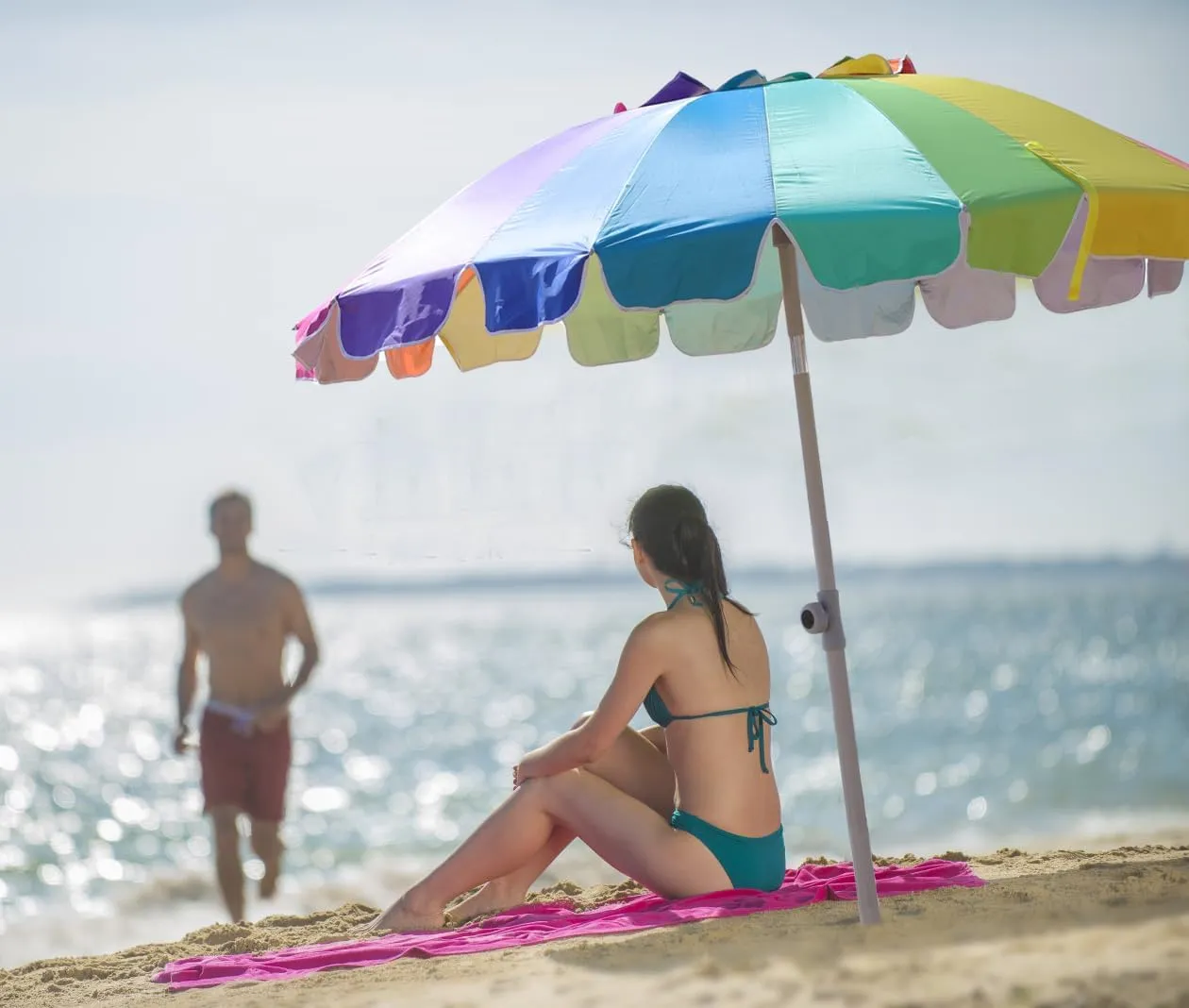 AMMSUN 7.5ft Large Heavy Duty HIGH Wind Beach Umbrella with sand anchor & Tilt Sun Shelter, UPF 50  Protection Outdoor Umbrellas Sunshade with Carry Bag for Patio Garden Pool Backyard Rainbow