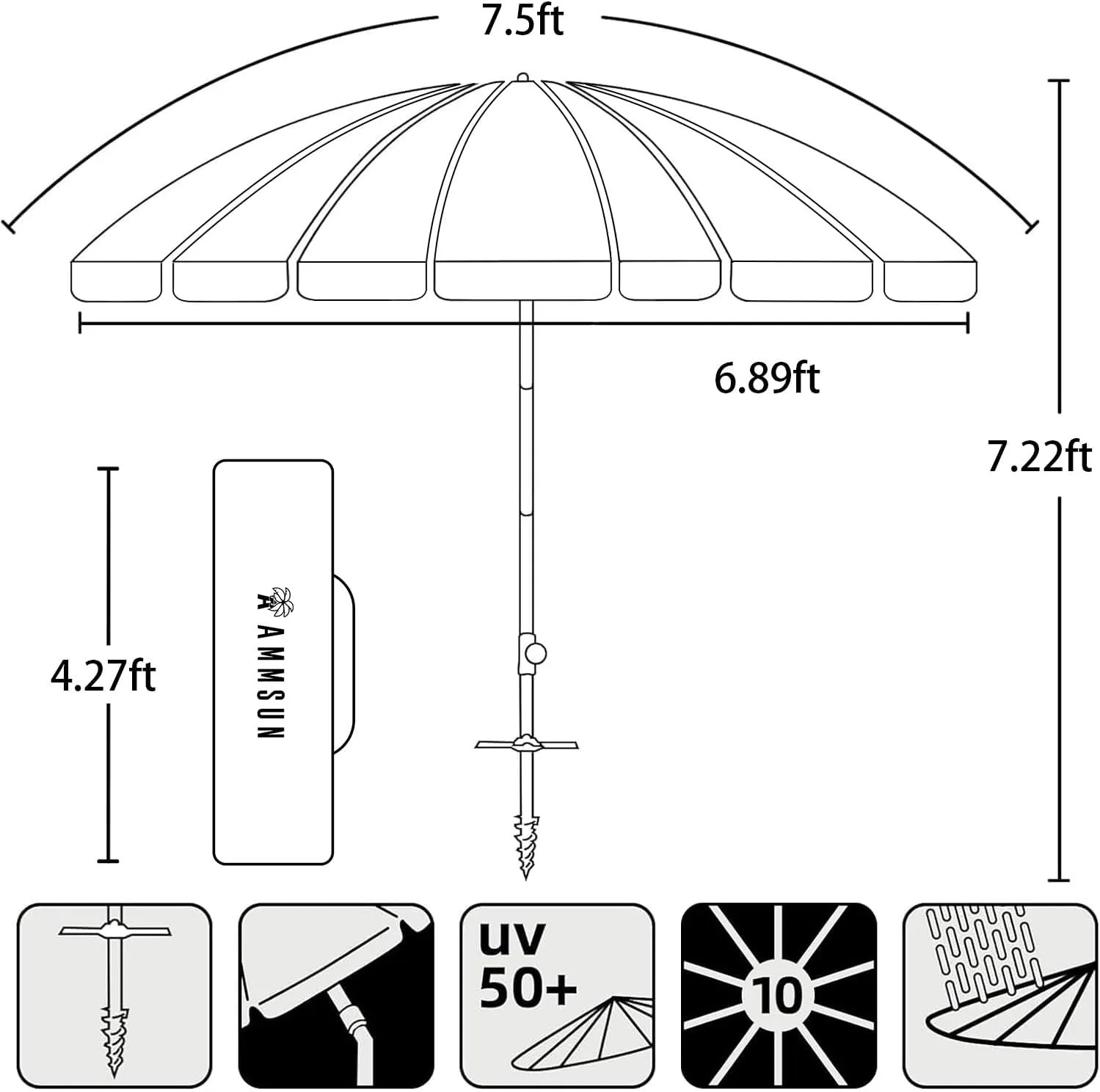 AMMSUN 7.5ft Large Heavy Duty HIGH Wind Beach Umbrella with sand anchor & Tilt Sun Shelter, UPF 50  Protection Outdoor Umbrellas Sunshade with Carry Bag for Patio Garden Pool Backyard Rainbow