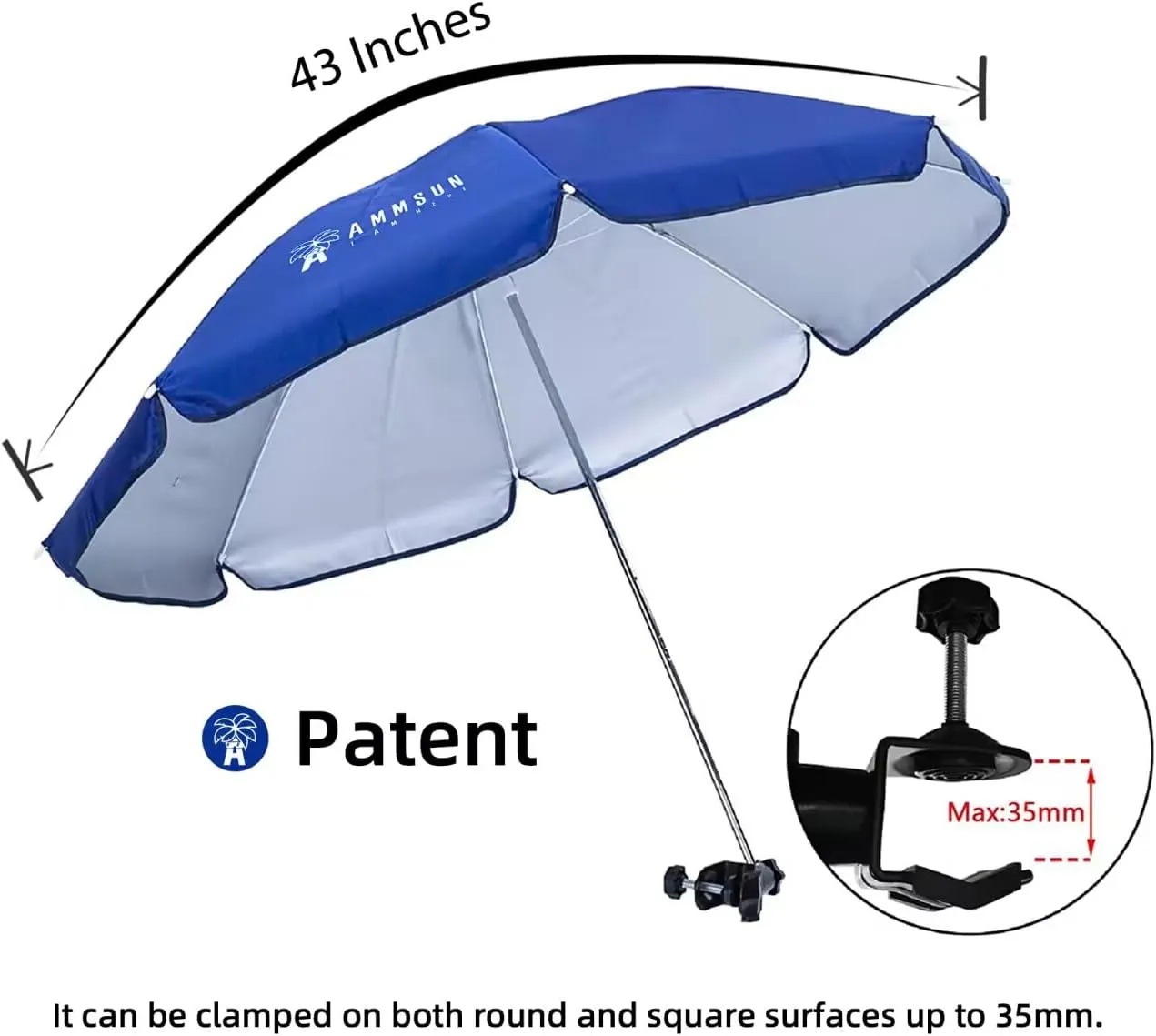 AMMSUN Chair Umbrella with Universal Clamp 43 inches UPF 50 , Portable Clamp on Patio Chair, Beach Chair, Stroller, Sport chair, Wheelchair and Wagon, Blue