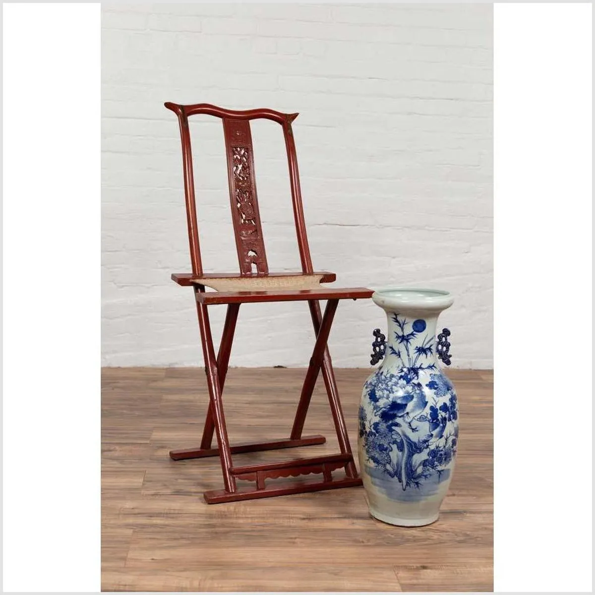 Antique Chinese Red Lacquered Folding Traveler's Chair with Footrest and Fabric