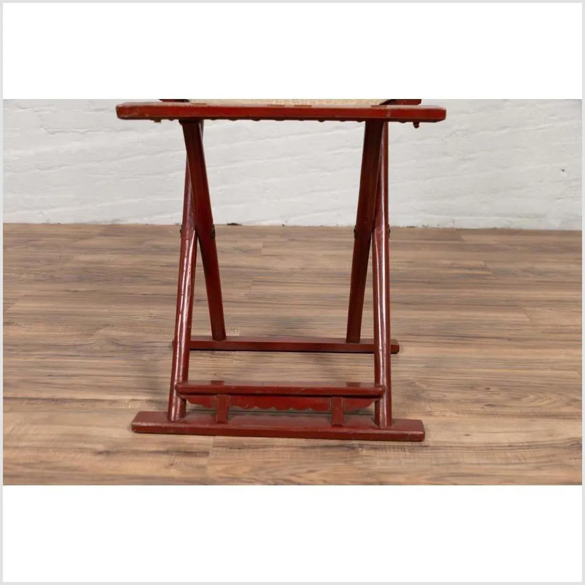 Antique Chinese Red Lacquered Folding Traveler's Chair with Footrest and Fabric