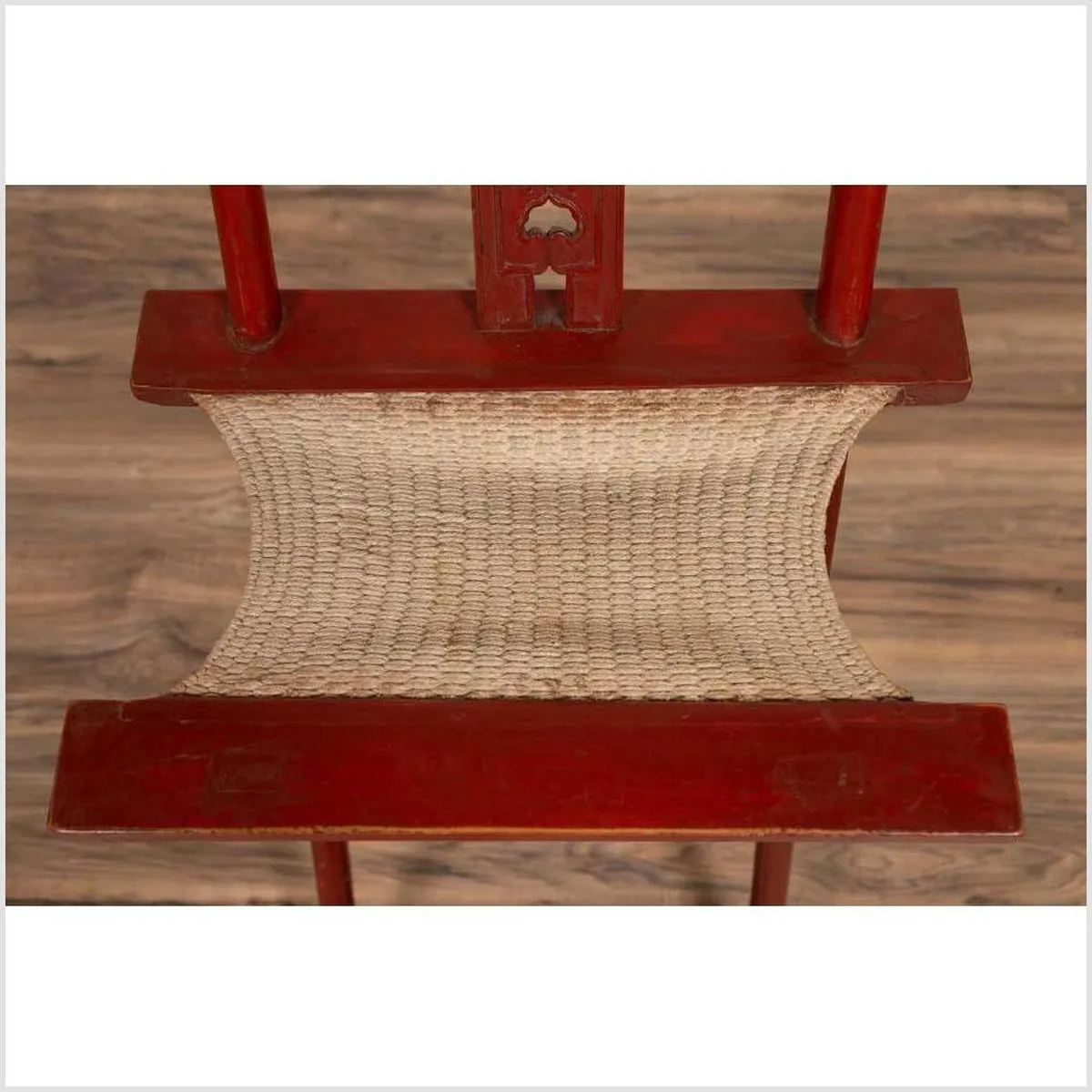 Antique Chinese Red Lacquered Folding Traveler's Chair with Footrest and Fabric