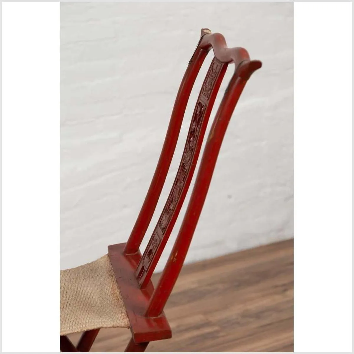 Antique Chinese Red Lacquered Folding Traveler's Chair with Footrest and Fabric