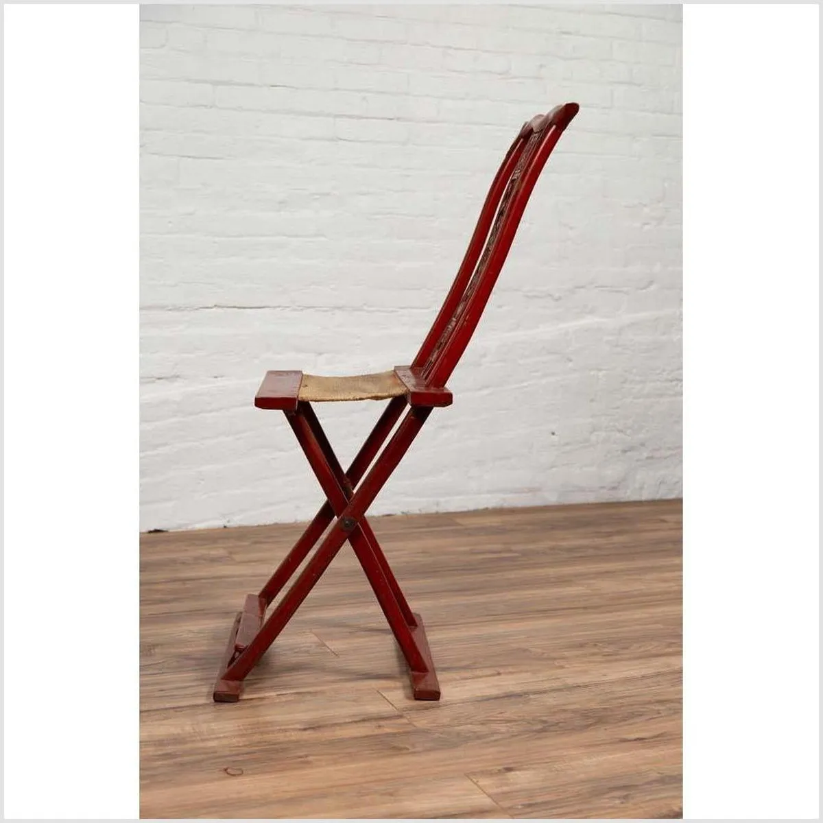 Antique Chinese Red Lacquered Folding Traveler's Chair with Footrest and Fabric