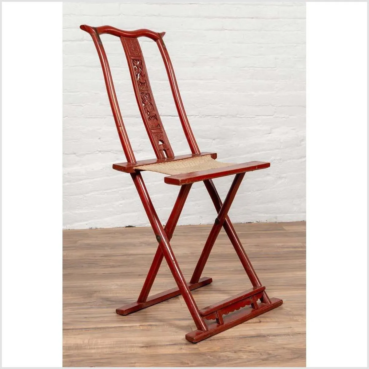Antique Chinese Red Lacquered Folding Traveler's Chair with Footrest and Fabric