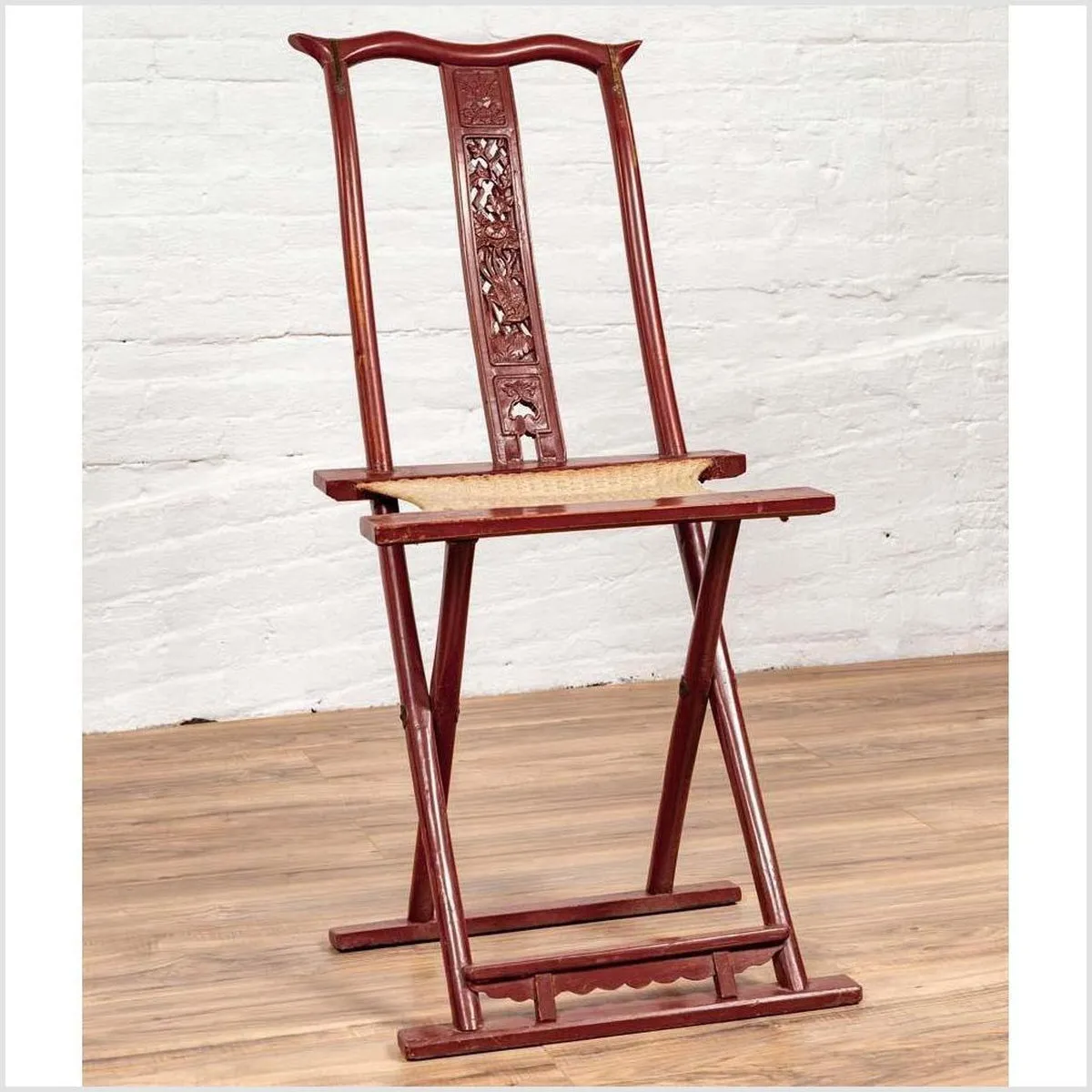 Antique Chinese Red Lacquered Folding Traveler's Chair with Footrest and Fabric
