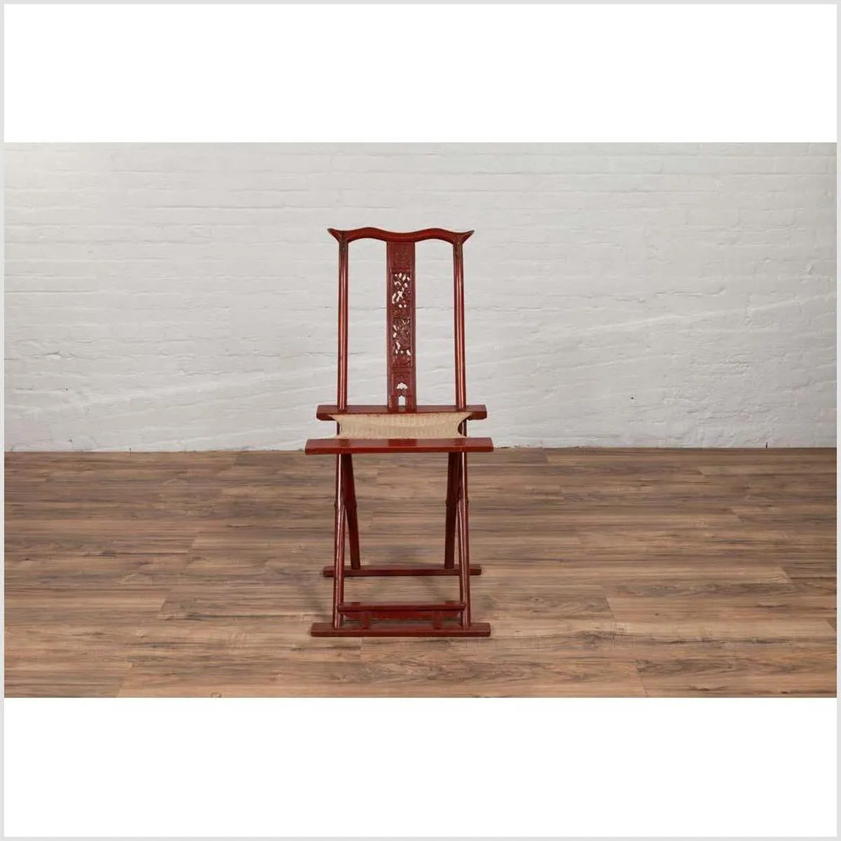Antique Chinese Red Lacquered Folding Traveler's Chair with Footrest and Fabric