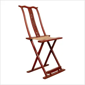 Antique Chinese Red Lacquered Folding Traveler's Chair with Footrest and Fabric