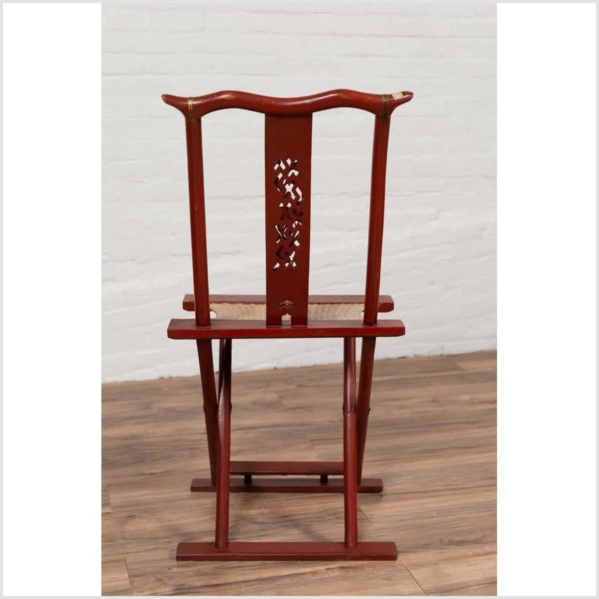 Antique Chinese Red Lacquered Folding Traveler's Chair with Footrest and Fabric