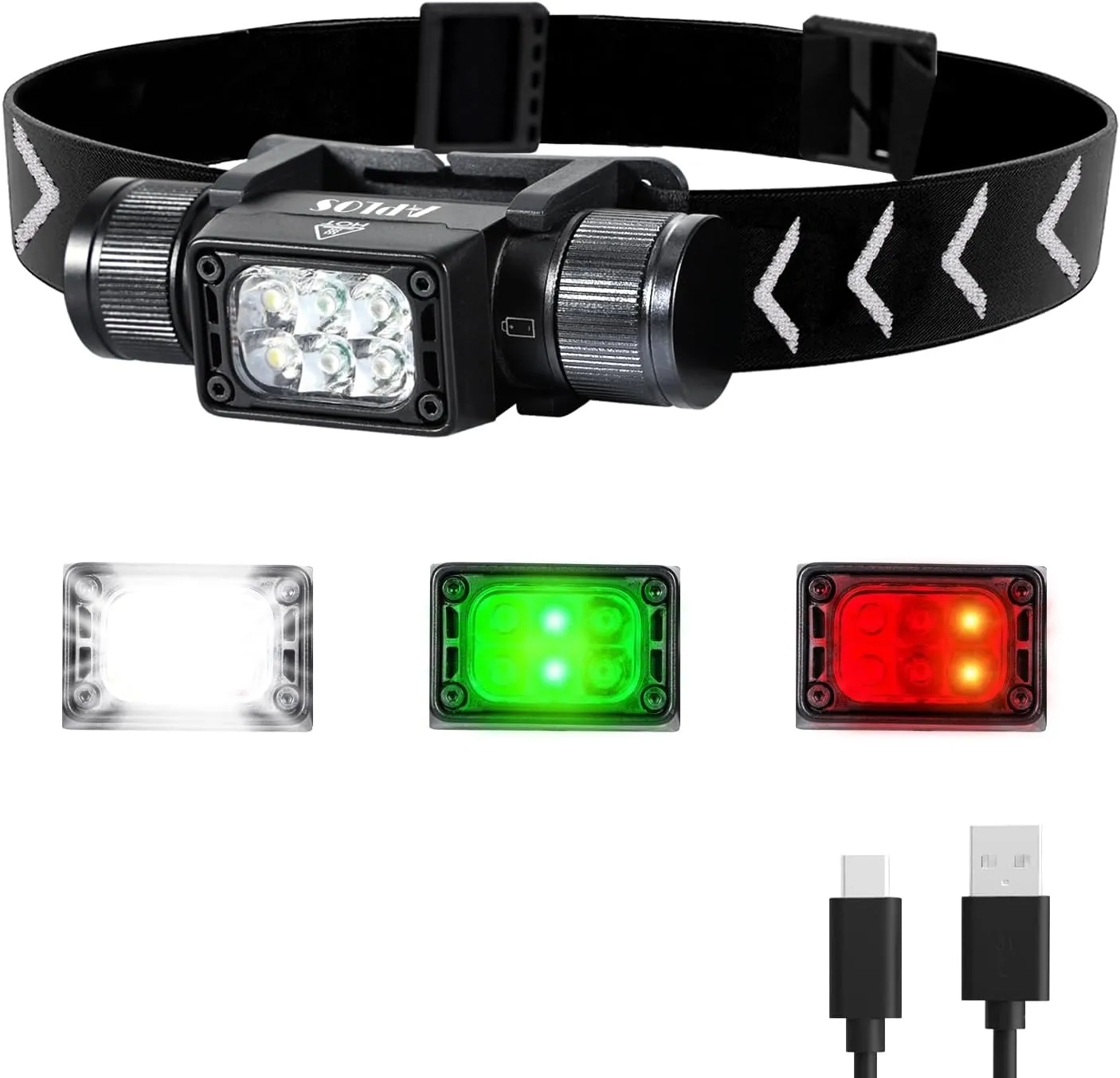APLOS H350 Head Torch Rechargeable - 1800 Lumen Super Bright LED Headlamp, with 7 Lighting Modes IP67 Waterproof with red & Green Lights Headlight for Camping Hiking Fishing Work