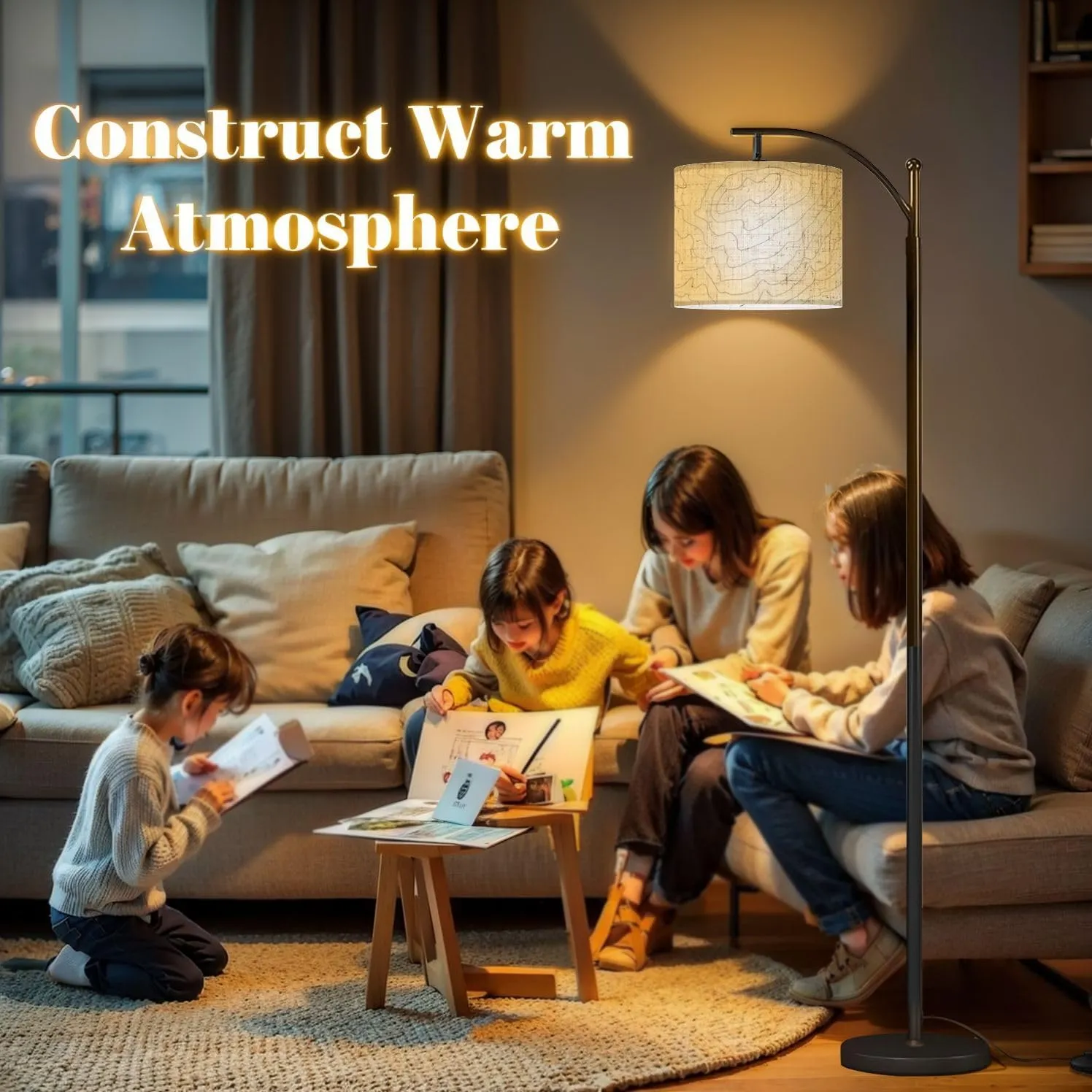 Arc Floor Lamps Black White Topography Contour Outline Map Elevation Abstract Modern LED Adjustable Lampshade Standing Light for Living Room Reading Bedroom Office